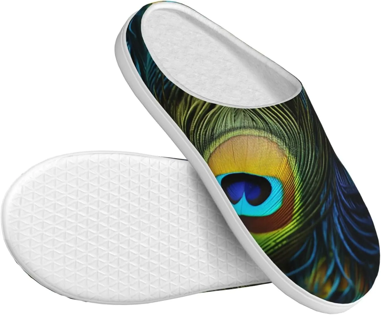 Slippers for Women Men Cotton Slippers Peacock Feather Pattern Plush Shoes Non-slip TPR Slippers