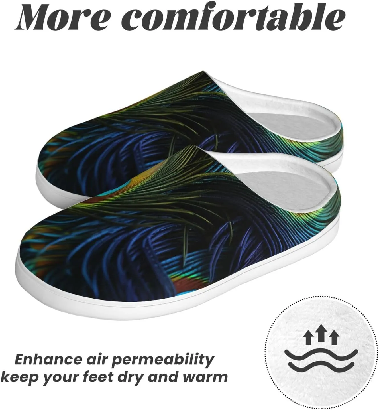 Slippers for Women Men Cotton Slippers Peacock Feather Pattern Plush Shoes Non-slip TPR Slippers