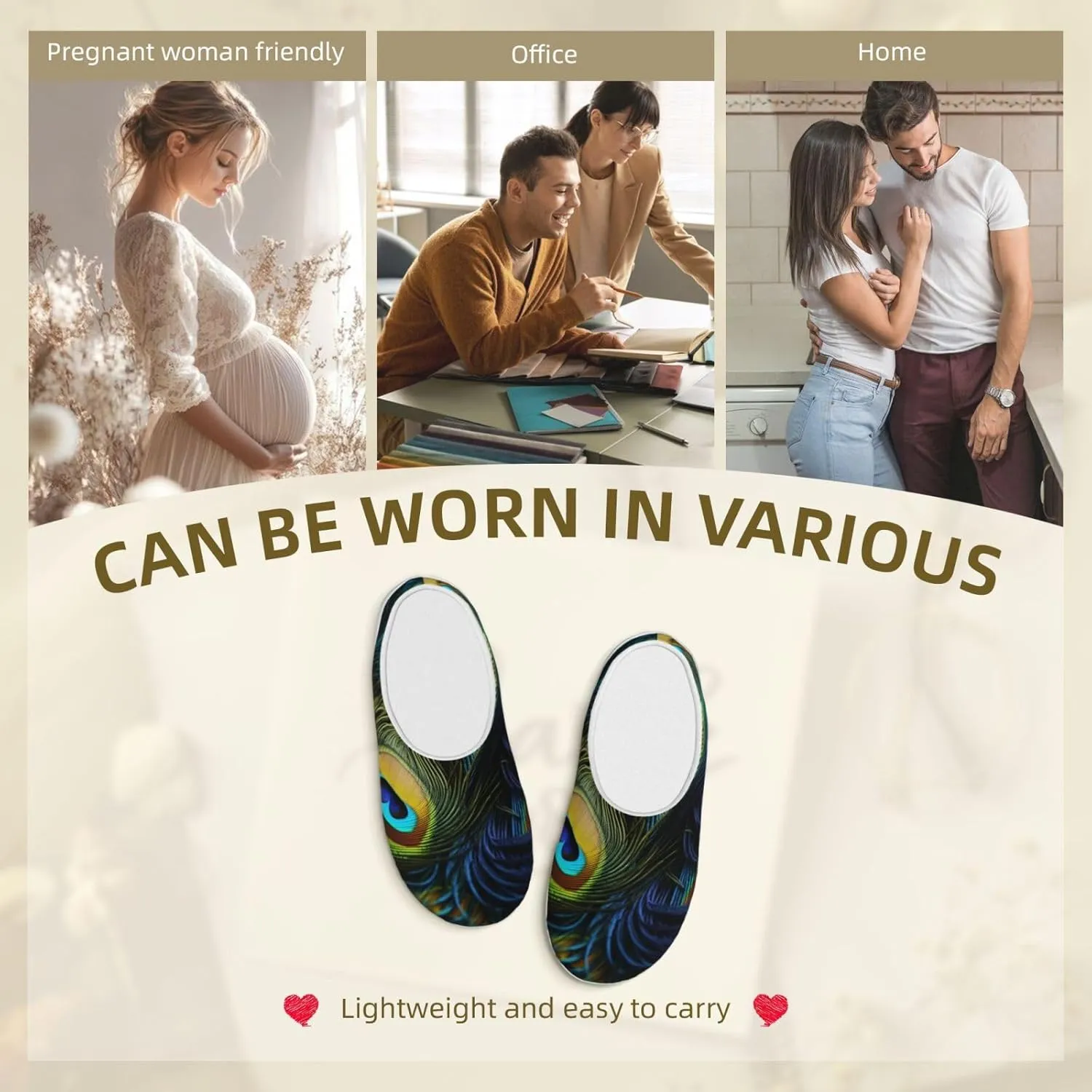 Slippers for Women Men Cotton Slippers Peacock Feather Pattern Plush Shoes Non-slip TPR Slippers