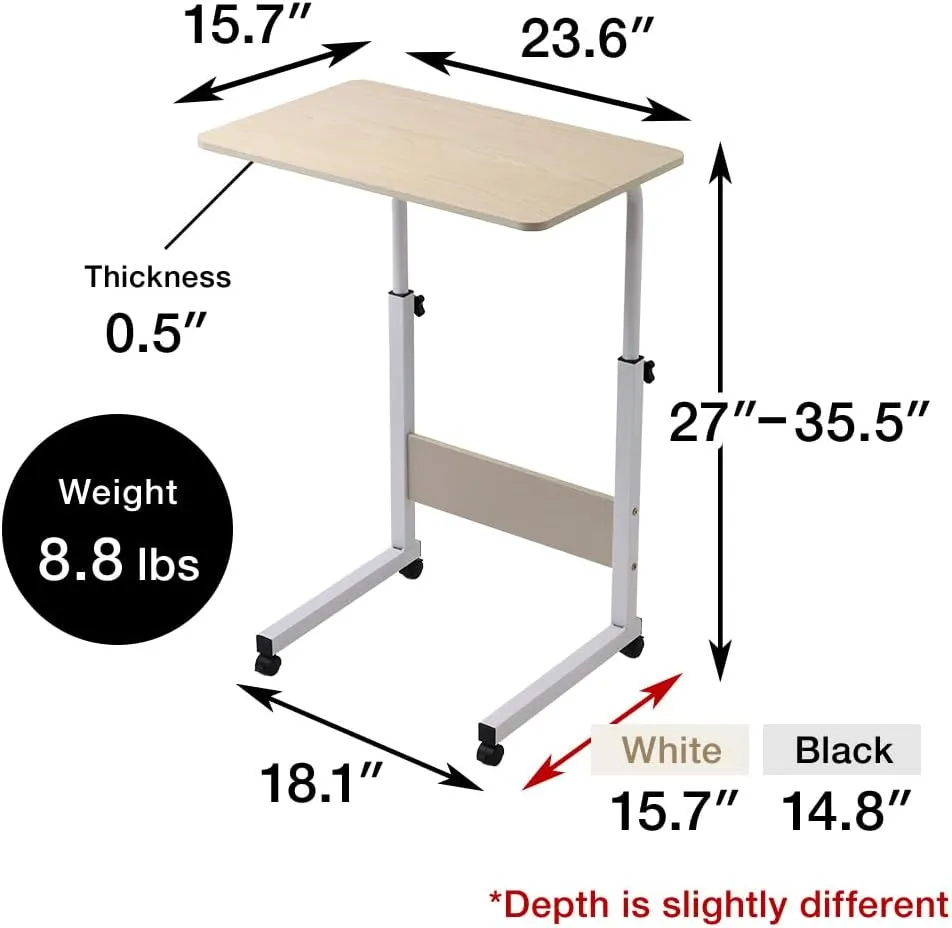 Small Desk with Wheels, Mobile TV Dinner Tray Slide Table for Bed Sofa Tray, 23.6" Wide, Adjustable Height, C-Shaped, 44lbs - White