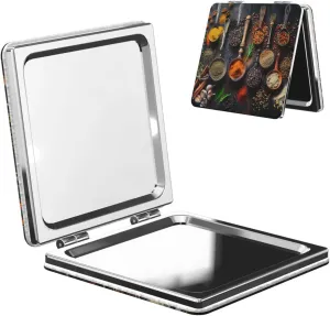 Spices Printed Square Pocket Makeup Mirror with 1X/2X Magnification, Portable Mini Travel Makeup Mirror for Travel Daily Work Beauty