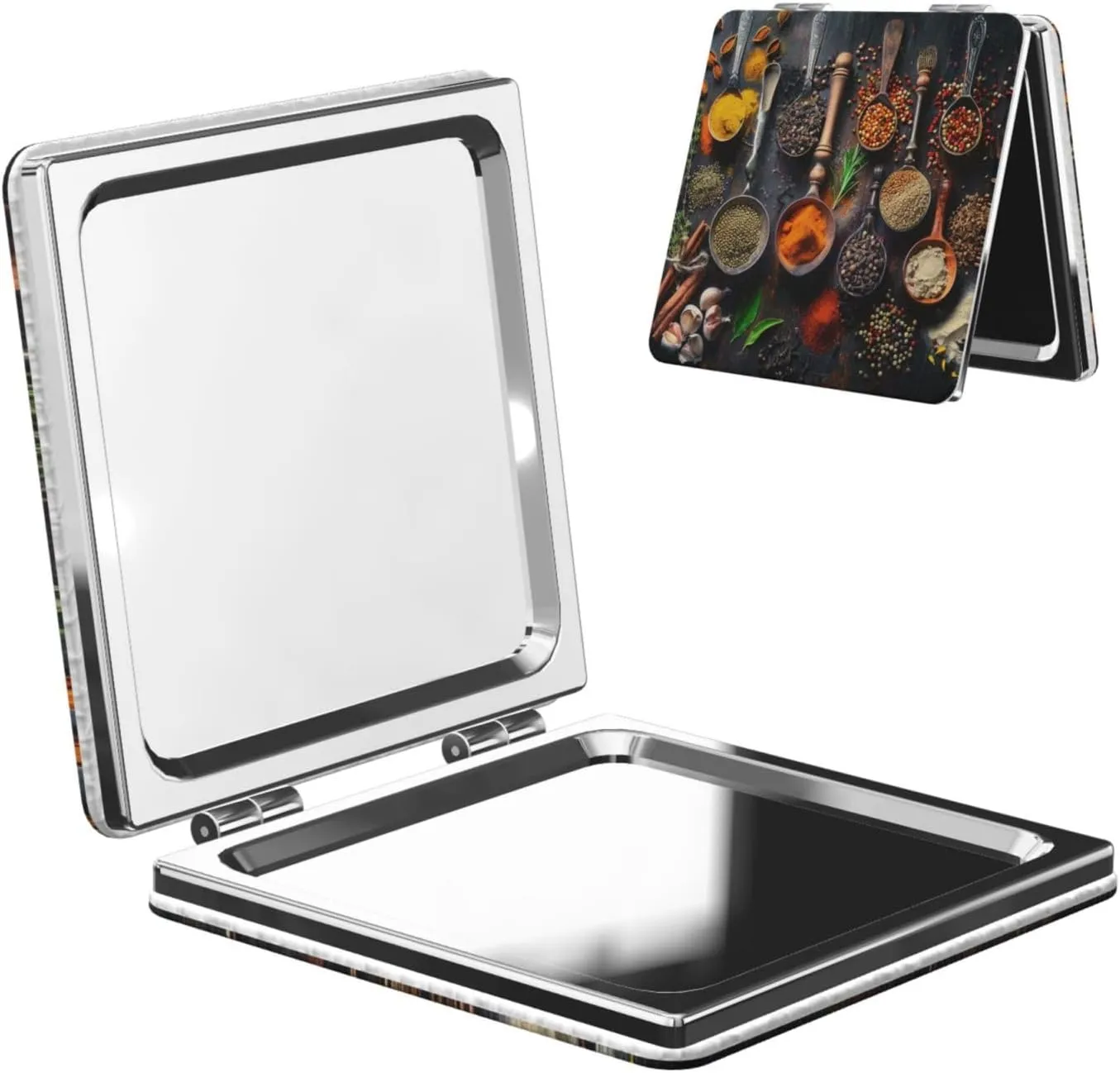 Spices Printed Square Pocket Makeup Mirror with 1X/2X Magnification, Portable Mini Travel Makeup Mirror for Travel Daily Work Beauty