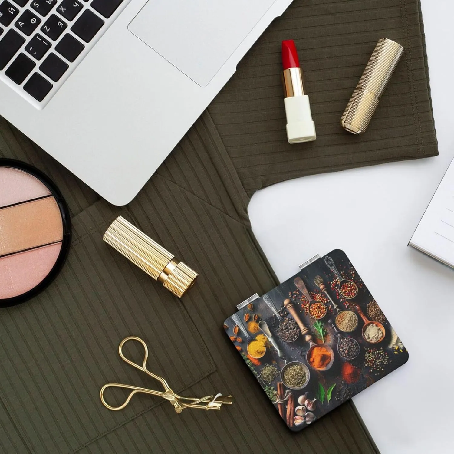 Spices Printed Square Pocket Makeup Mirror with 1X/2X Magnification, Portable Mini Travel Makeup Mirror for Travel Daily Work Beauty