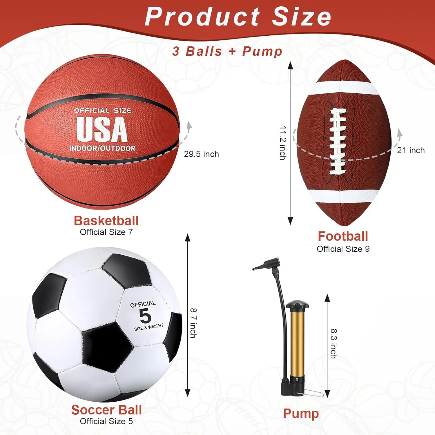 Sratte 3 Pcs Sports Balls Sport Set Including Official Size Soccer Basketball Football with Pump and Carry Bag for Teens Adults Back to School Sports Gift