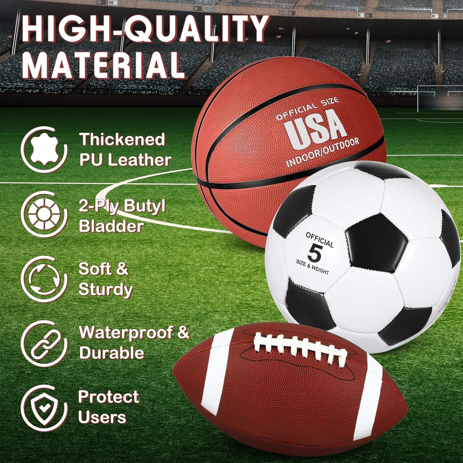 Sratte 3 Pcs Sports Balls Sport Set Including Official Size Soccer Basketball Football with Pump and Carry Bag for Teens Adults Back to School Sports Gift
