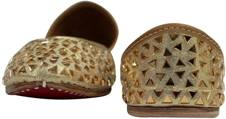 Stop n Style Punjabi Jutti for Ladies - Mirror Work Indian Bridal Shoes - Ethnic Gold Jutti