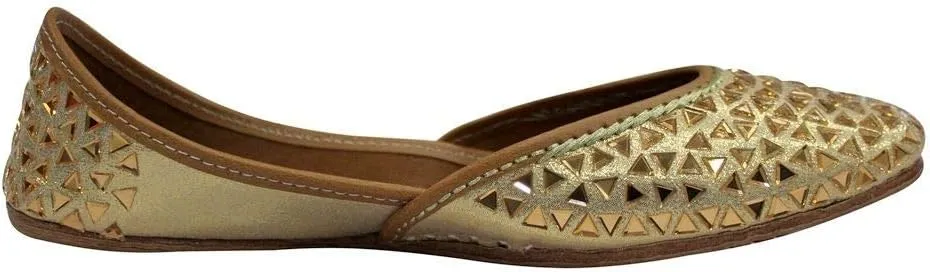 Stop n Style Punjabi Jutti for Ladies - Mirror Work Indian Bridal Shoes - Ethnic Gold Jutti