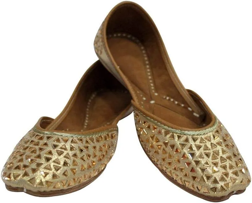 Stop n Style Punjabi Jutti for Ladies - Mirror Work Indian Bridal Shoes - Ethnic Gold Jutti