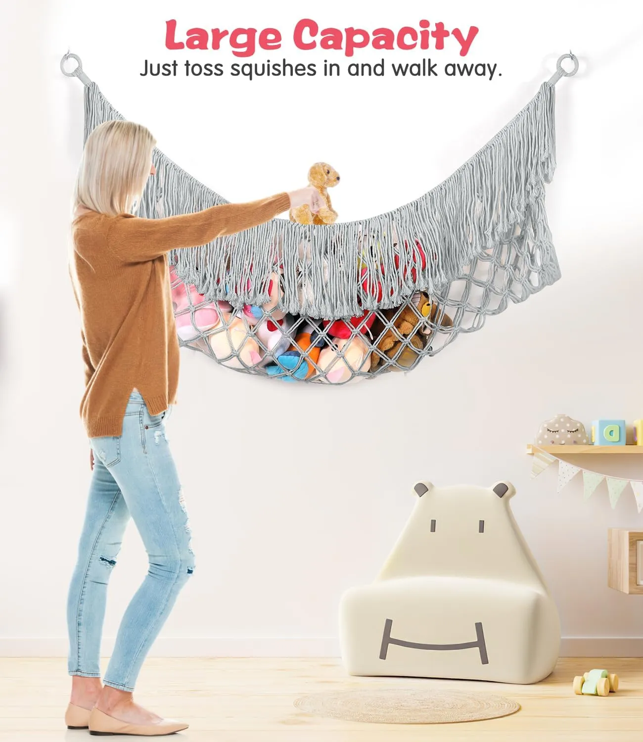 Stuffed Animal Hammock - Extra Large 56'' Long, Stuffed Animal Storage, stuffed animal Holder net, Toy Hammock Large, Toy Storage Hanging Organizer - Light grey