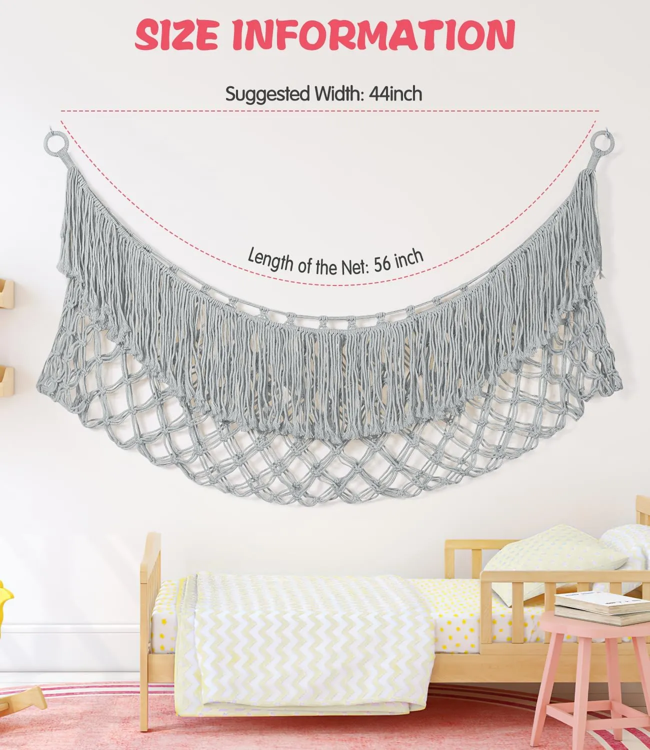 Stuffed Animal Hammock - Extra Large 56'' Long, Stuffed Animal Storage, stuffed animal Holder net, Toy Hammock Large, Toy Storage Hanging Organizer - Light grey