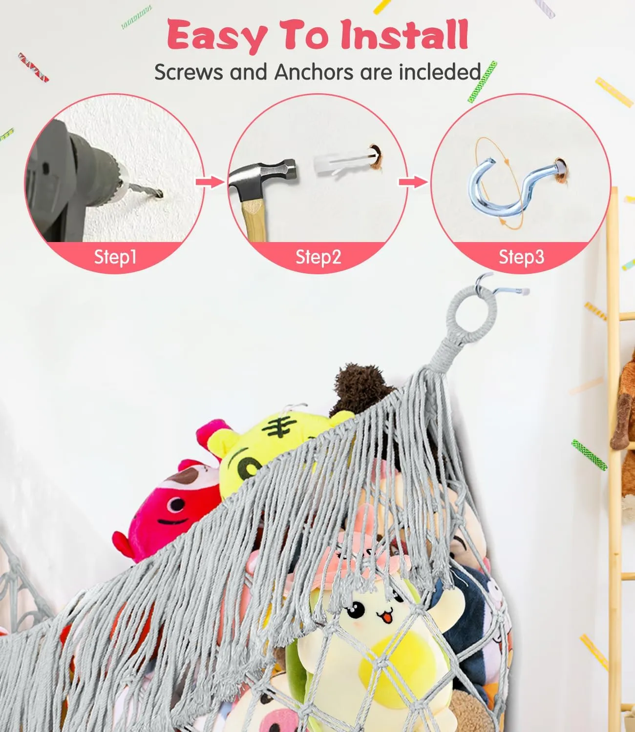 Stuffed Animal Hammock - Extra Large 56'' Long, Stuffed Animal Storage, stuffed animal Holder net, Toy Hammock Large, Toy Storage Hanging Organizer - Light grey