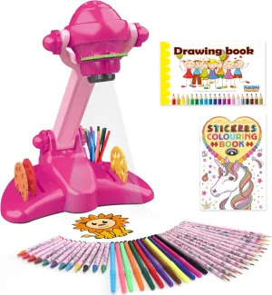 Sumsoltic Drawing Projector for Kids, Art and Craft Kit,Including Colored Pencils, Crayons, Coloring Books, Toys for 3  Year Old Girls (Pink Drawing Kit v2)
