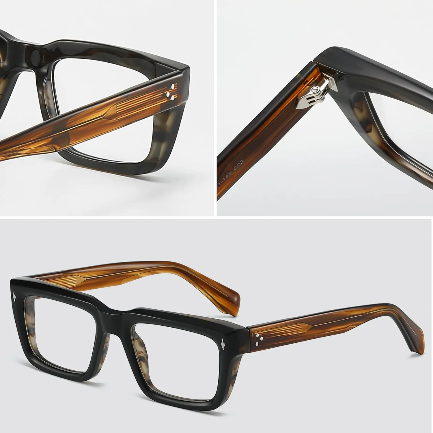 Sutton Retro Rectangle Acetate Thick Glasses Frame Prescription Optical Eyewear for Women Men 53-21-148mm