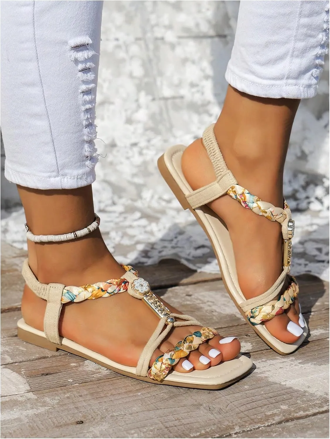 SweatyRocks Women's Boho Floral Flat Sandals Braided Square Open Toe Ankle Strap Outdoor Beach Shoes