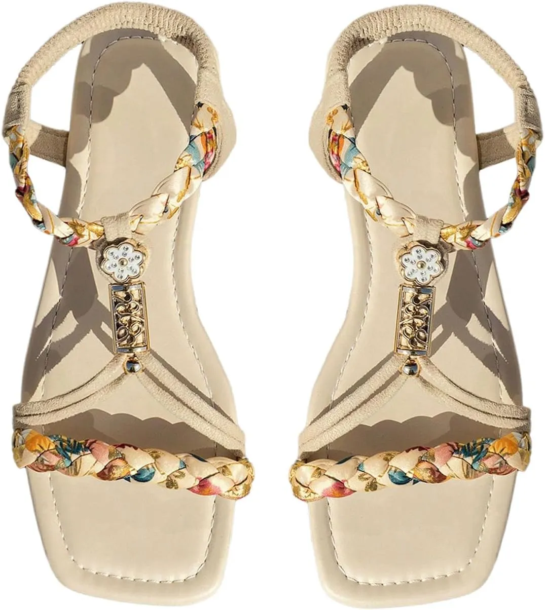 SweatyRocks Women's Boho Floral Flat Sandals Braided Square Open Toe Ankle Strap Outdoor Beach Shoes