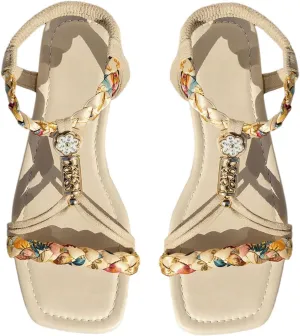 SweatyRocks Women's Boho Floral Flat Sandals Braided Square Open Toe Ankle Strap Outdoor Beach Shoes