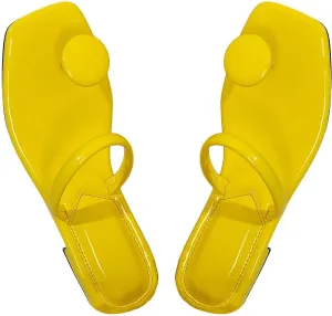 SweatyRocks Women's PU Leather Open Square Toe Thong Sandals Round Decor Outdoor Flat Sandals