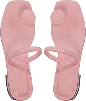 SweatyRocks Women's PU Leather Open Square Toe Thong Sandals Round Decor Outdoor Flat Sandals