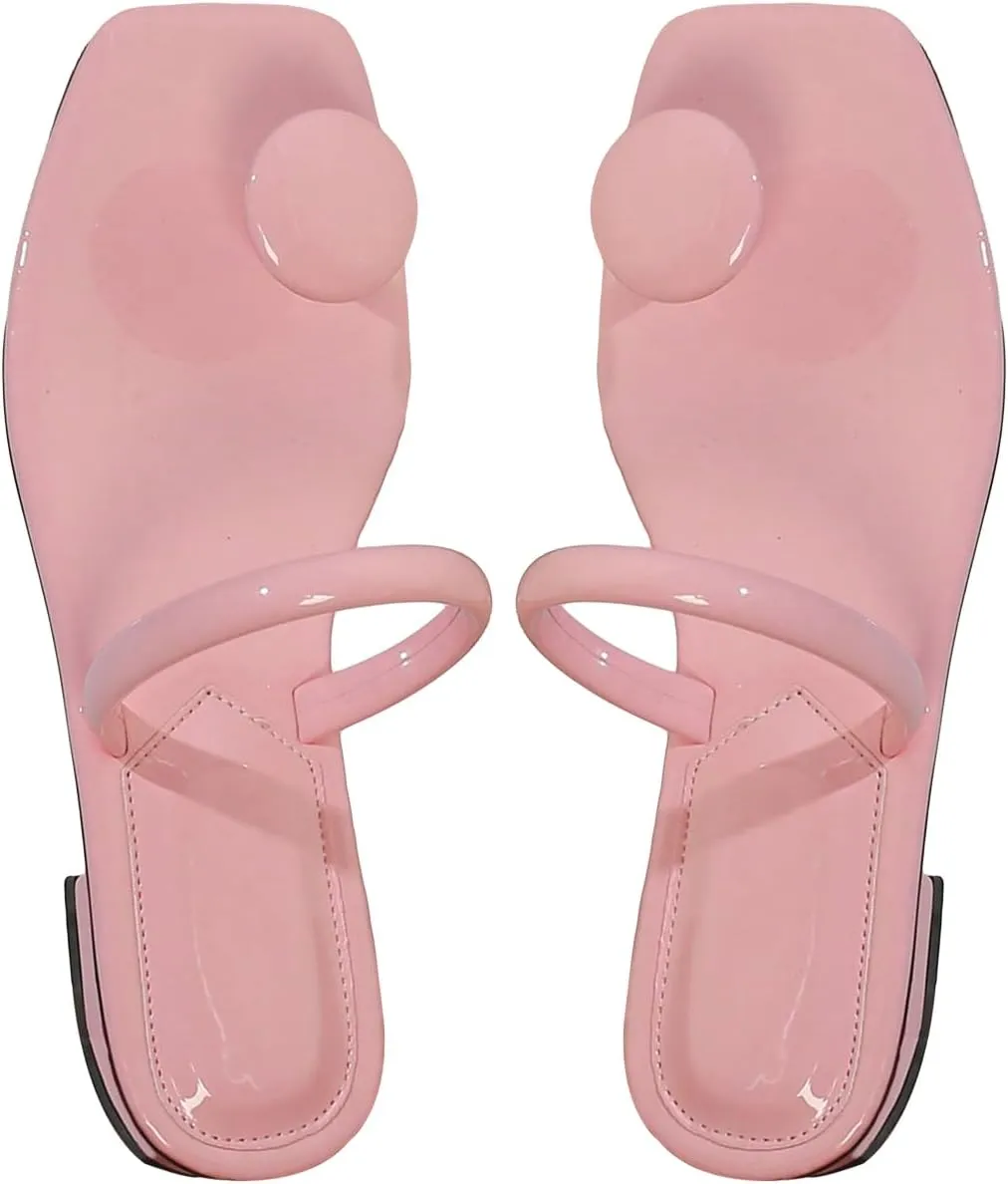 SweatyRocks Women's PU Leather Open Square Toe Thong Sandals Round Decor Outdoor Flat Sandals