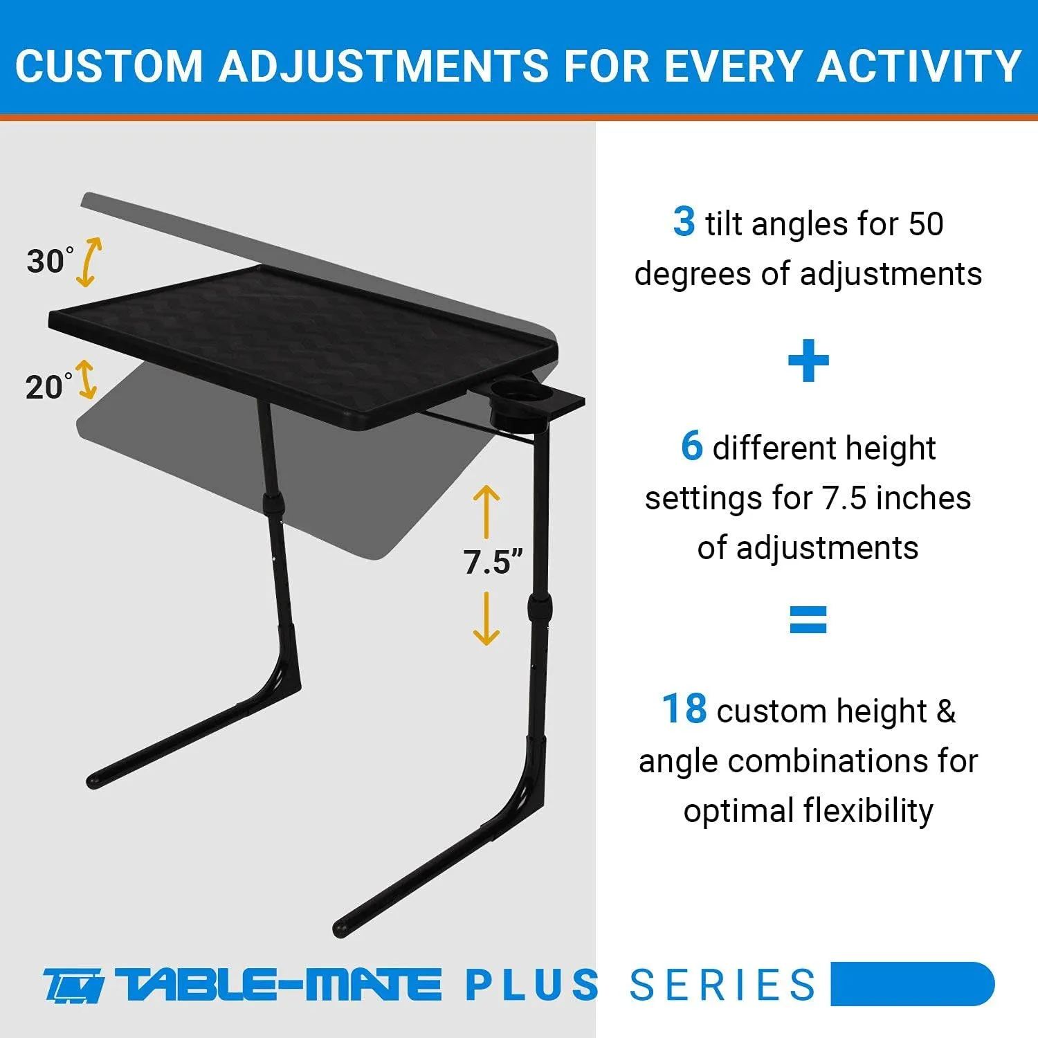 Table-Mate II Plus TV Tray Table - Folding Couch Trays for Eating, Portable Bed Dinner Adjustable TV Table with 3 Angles, Cup Holder, Black