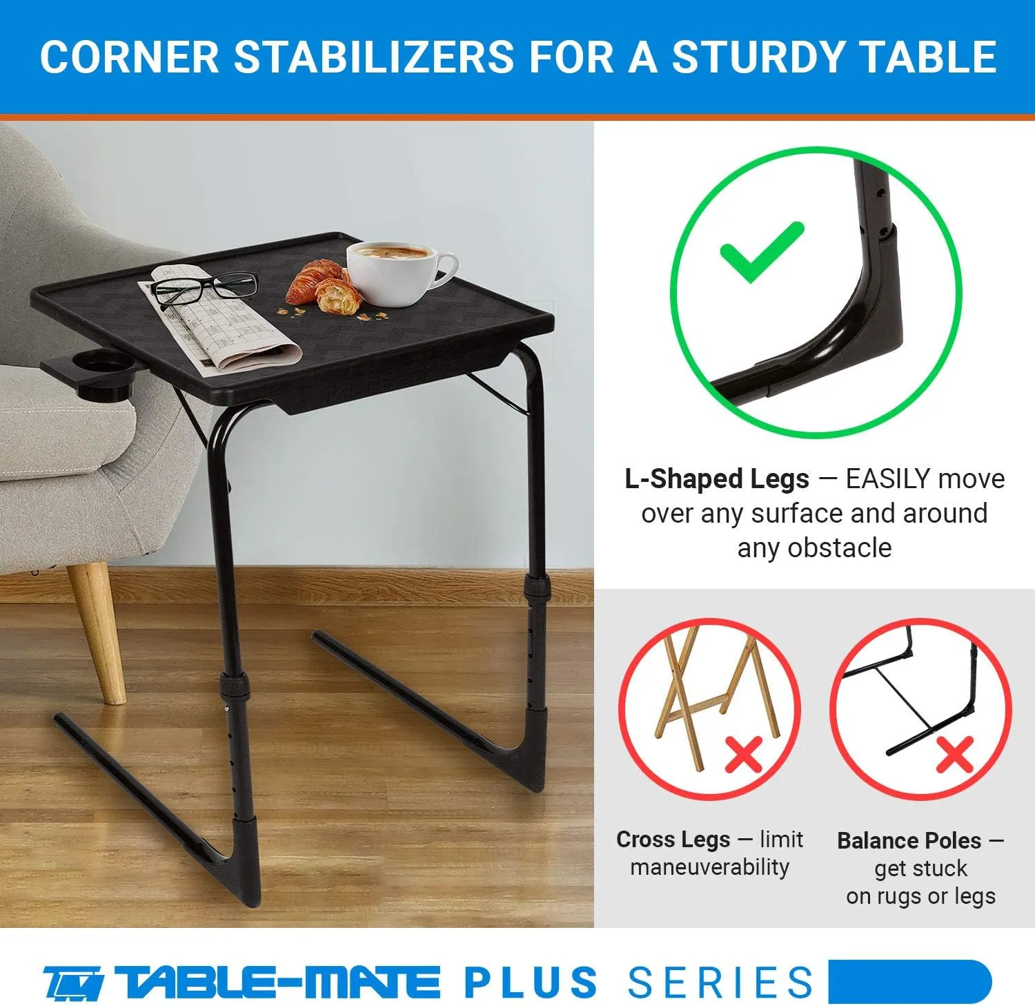 Table-Mate II Plus TV Tray Table - Folding Couch Trays for Eating, Portable Bed Dinner Adjustable TV Table with 3 Angles, Cup Holder, Black