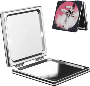 Taekwondo Design Printed Square Pocket Makeup Mirror with 1X/2X Magnification, Portable Mini Travel Makeup Mirror for Travel Daily Work Beauty