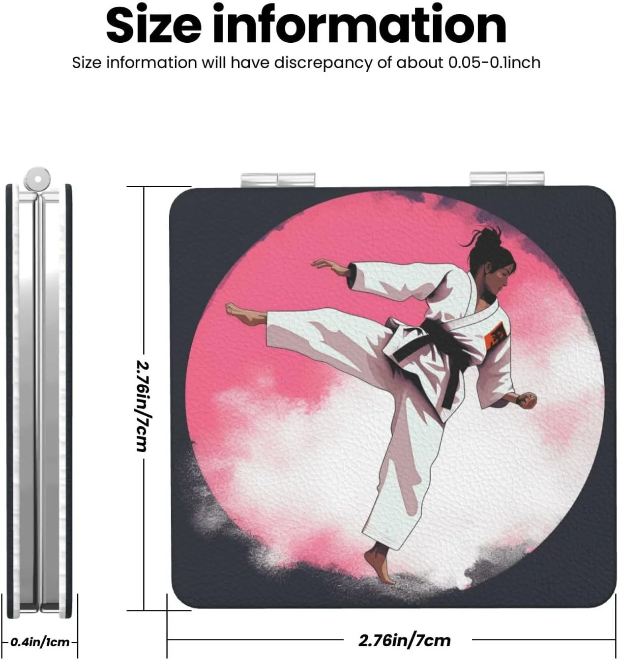 Taekwondo Design Printed Square Pocket Makeup Mirror with 1X/2X Magnification, Portable Mini Travel Makeup Mirror for Travel Daily Work Beauty
