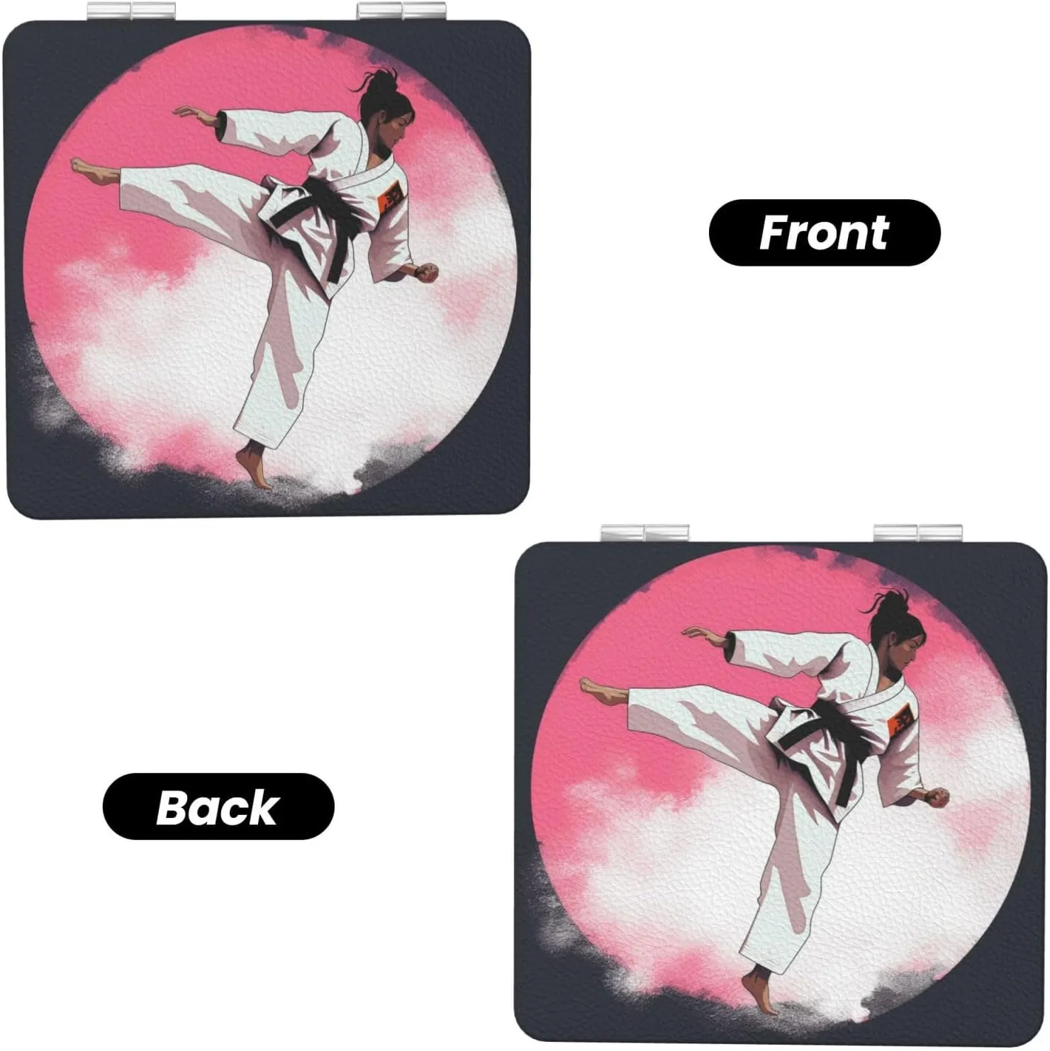 Taekwondo Design Printed Square Pocket Makeup Mirror with 1X/2X Magnification, Portable Mini Travel Makeup Mirror for Travel Daily Work Beauty