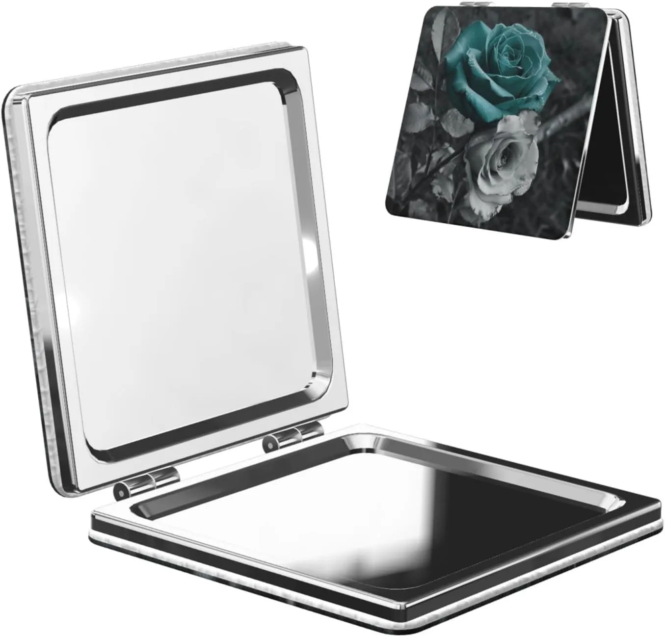 Teal Gray Rose Printed Square Pocket Makeup Mirror with 1X/2X Magnification, Portable Mini Travel Makeup Mirror for Travel Daily Work Beauty