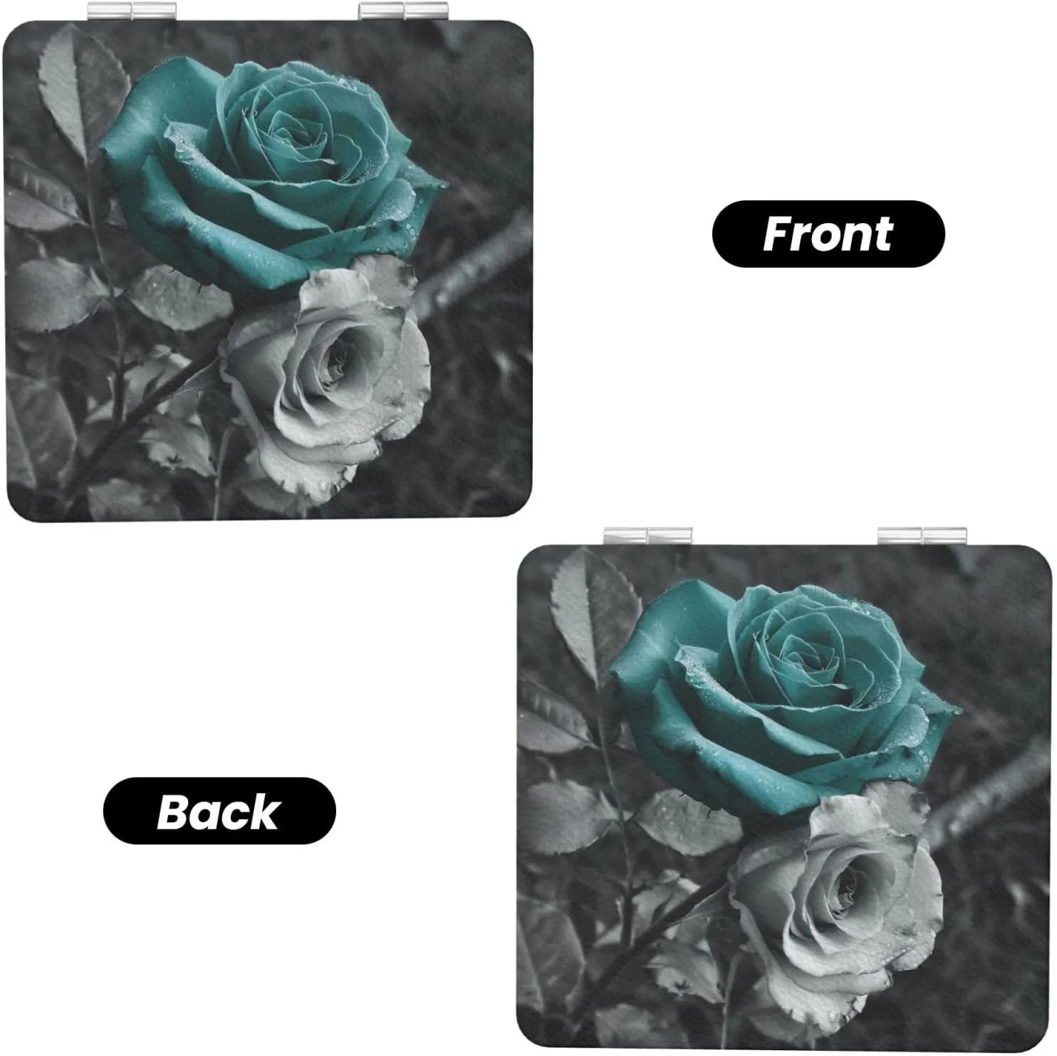 Teal Gray Rose Printed Square Pocket Makeup Mirror with 1X/2X Magnification, Portable Mini Travel Makeup Mirror for Travel Daily Work Beauty