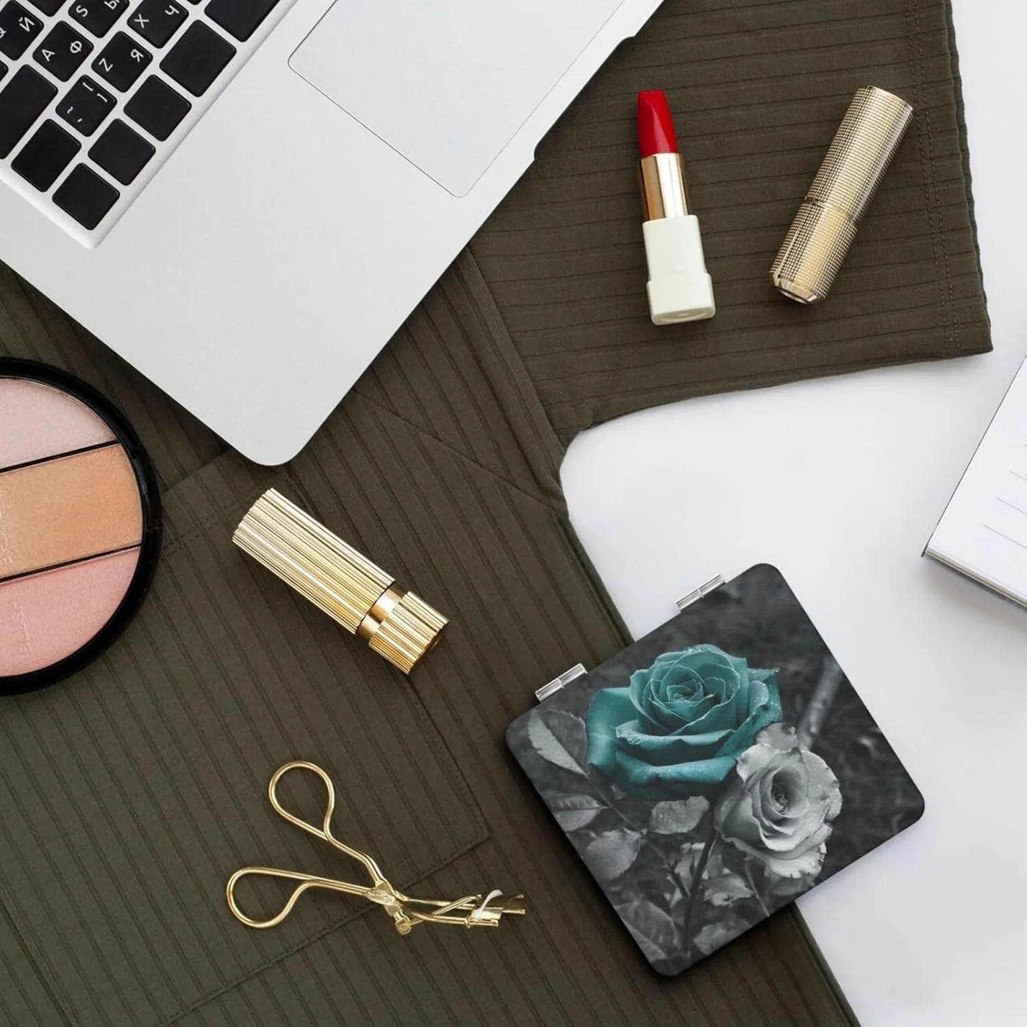Teal Gray Rose Printed Square Pocket Makeup Mirror with 1X/2X Magnification, Portable Mini Travel Makeup Mirror for Travel Daily Work Beauty