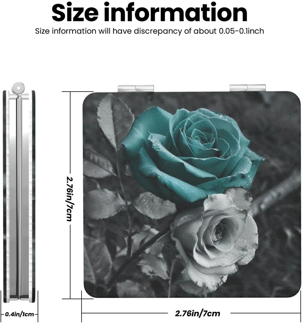 Teal Gray Rose Printed Square Pocket Makeup Mirror with 1X/2X Magnification, Portable Mini Travel Makeup Mirror for Travel Daily Work Beauty