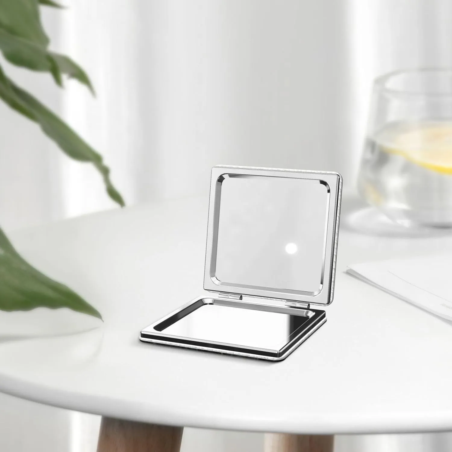 Teal Gray Rose Printed Square Pocket Makeup Mirror with 1X/2X Magnification, Portable Mini Travel Makeup Mirror for Travel Daily Work Beauty