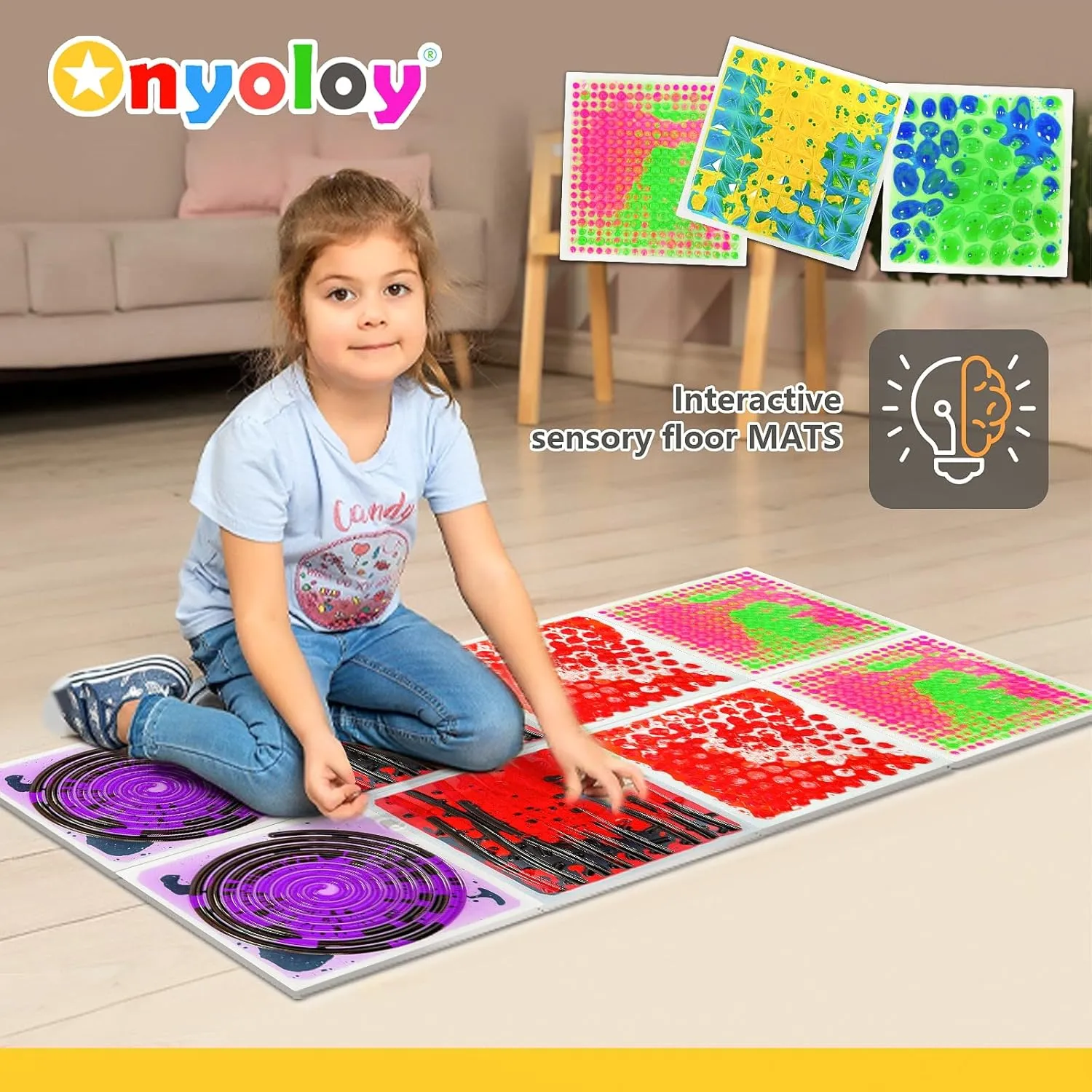 Textured Sensory Liquid Tile - Set of 1 Square Lava Tile, Sensory Mat for Ages 3 to Adult, Measures 12" x 12", Textured Sensory Lava Mat, Yellow Blue.