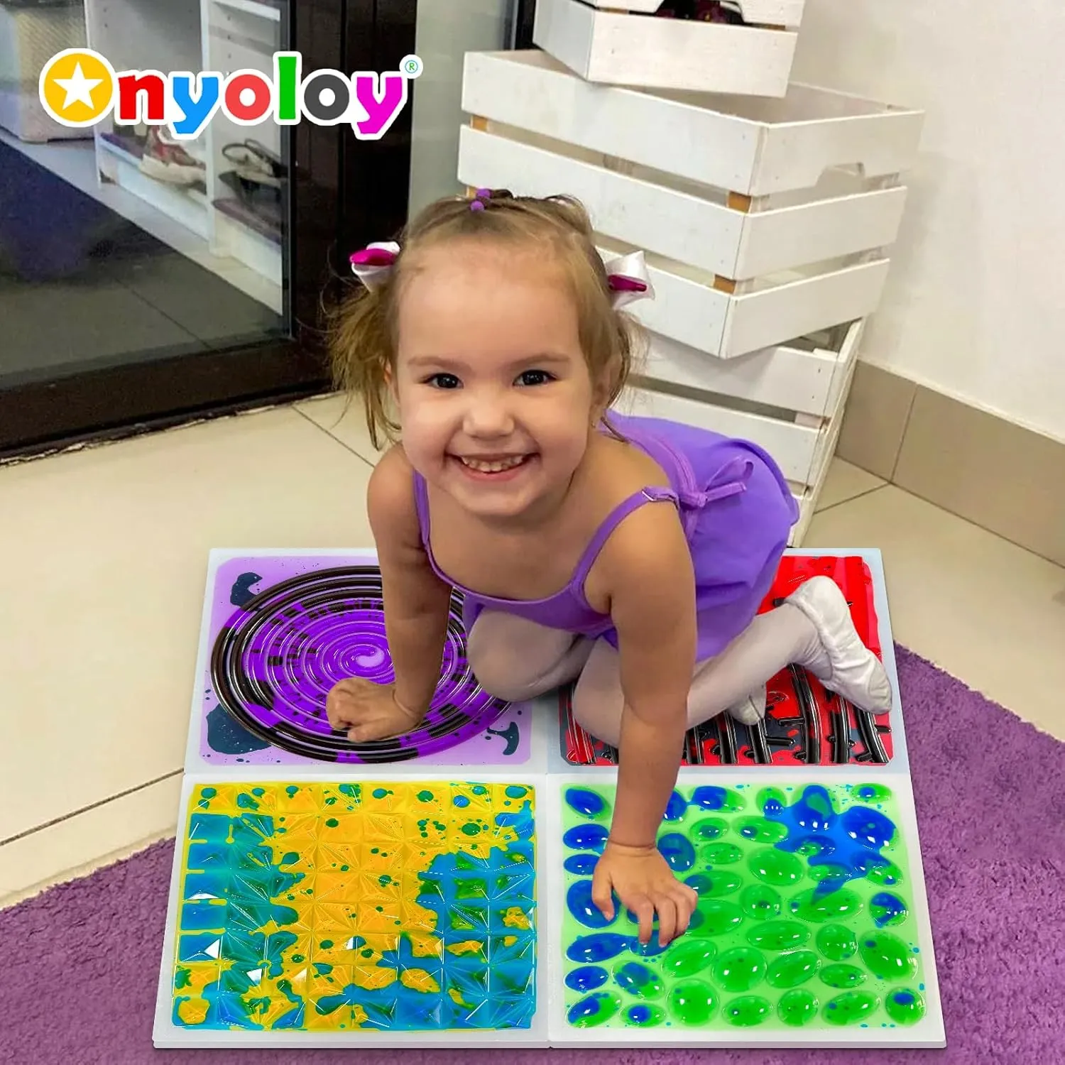 Textured Sensory Liquid Tile - Set of 1 Square Lava Tile, Sensory Mat for Ages 3 to Adult, Measures 12" x 12", Textured Sensory Lava Mat, Yellow Blue.