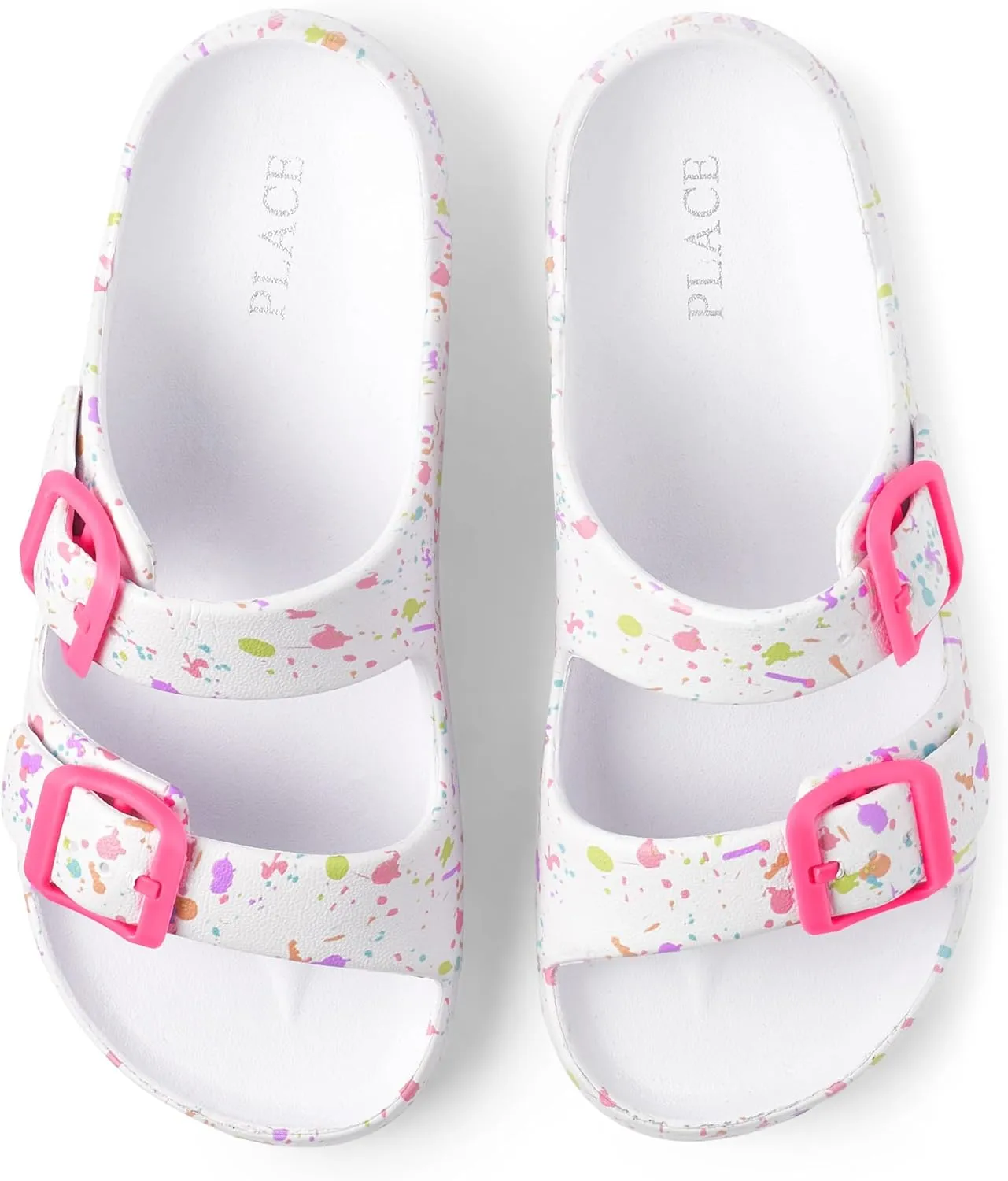 The Children's Place Girls Double Buckle Slip On Slide Sandals, White Paint Splatter