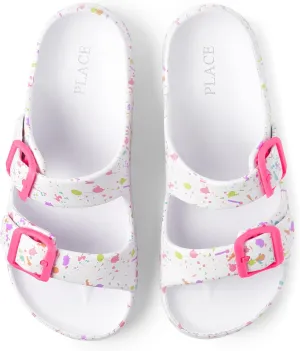 The Children's Place Girls Double Buckle Slip On Slide Sandals, White Paint Splatter