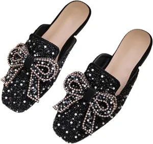 TN TANGNEST Women's Flat Mules Comfortable Rhinestone Bow Square Toe Slip on Loafers Slides Backless Mules Shoes
