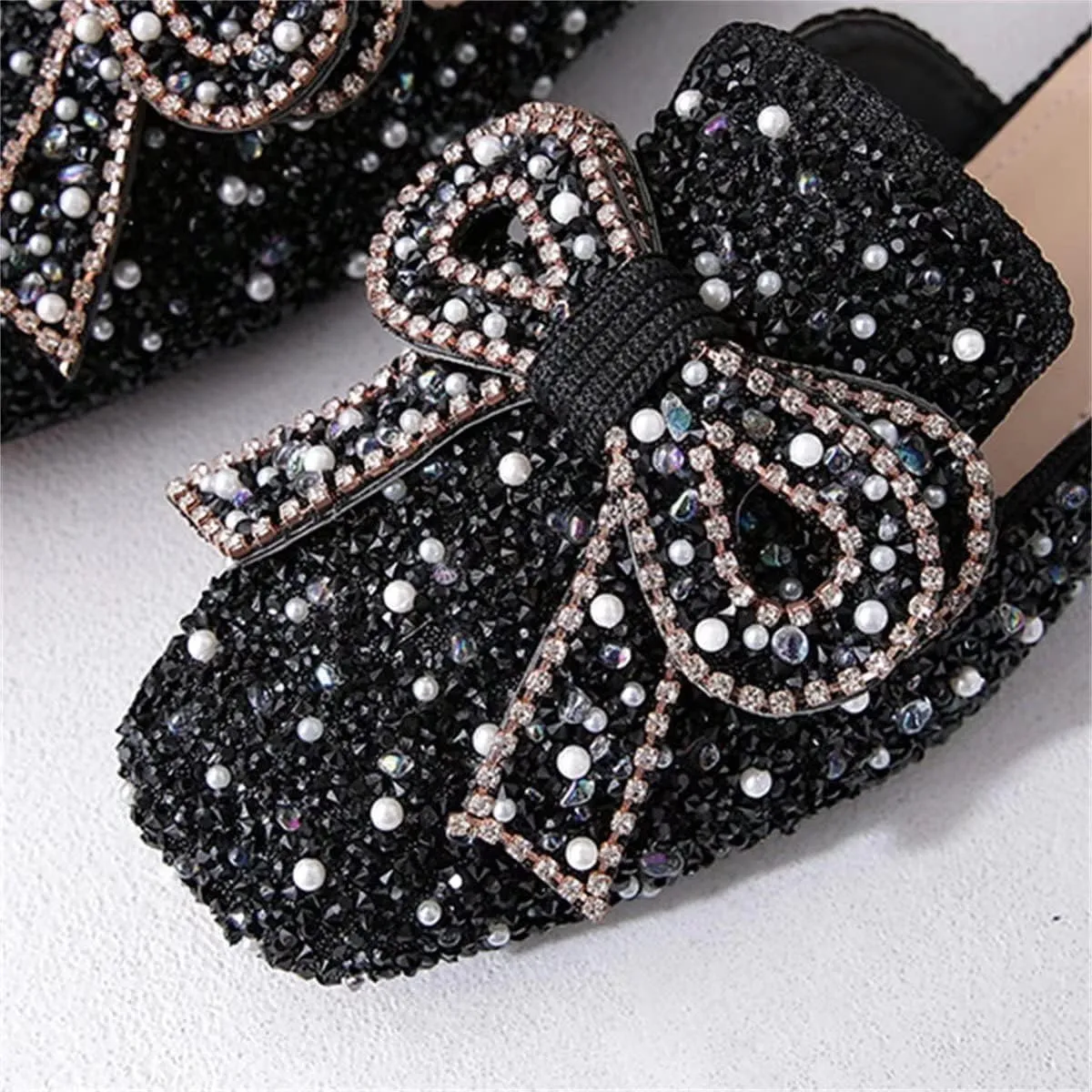 TN TANGNEST Women's Flat Mules Comfortable Rhinestone Bow Square Toe Slip on Loafers Slides Backless Mules Shoes