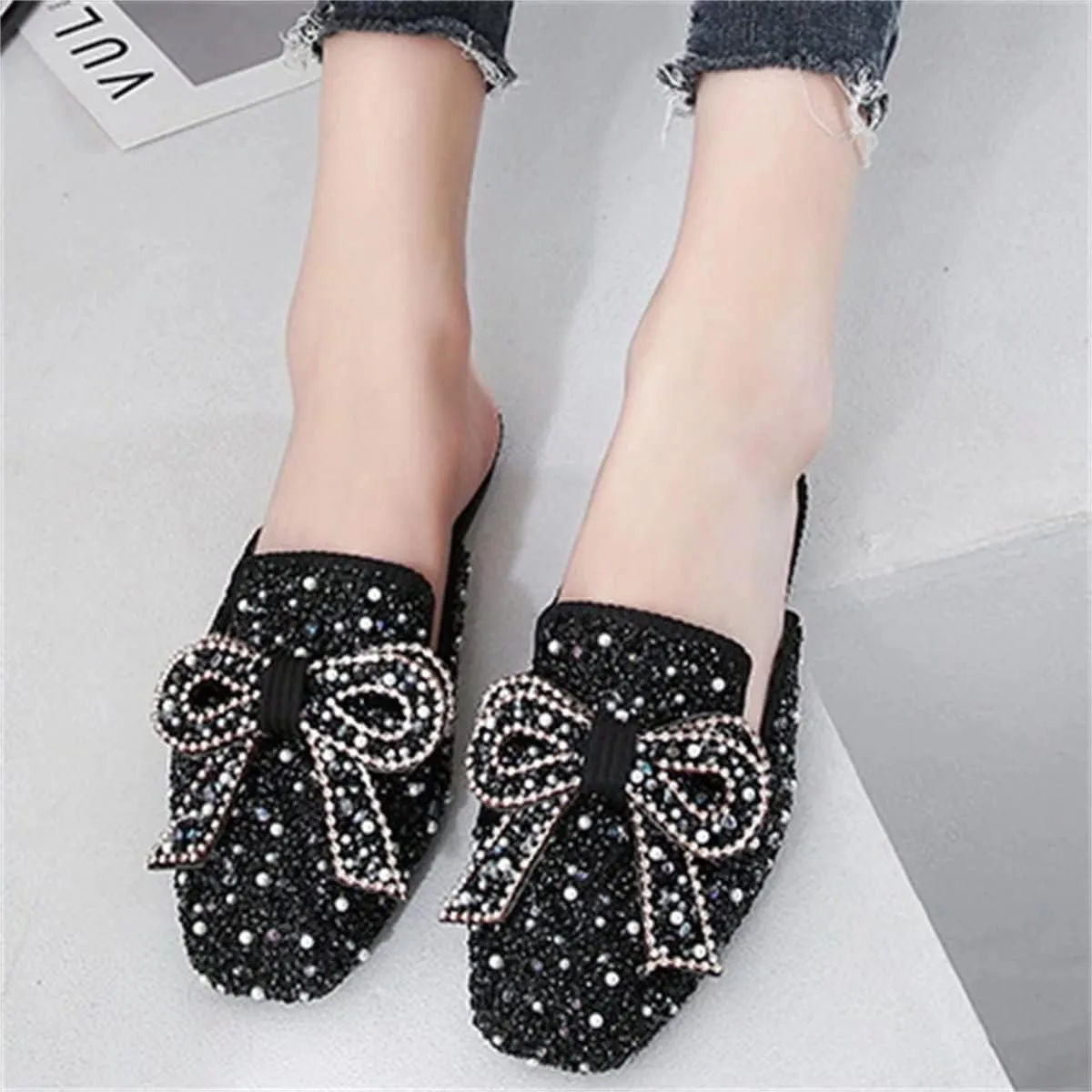 TN TANGNEST Women's Flat Mules Comfortable Rhinestone Bow Square Toe Slip on Loafers Slides Backless Mules Shoes