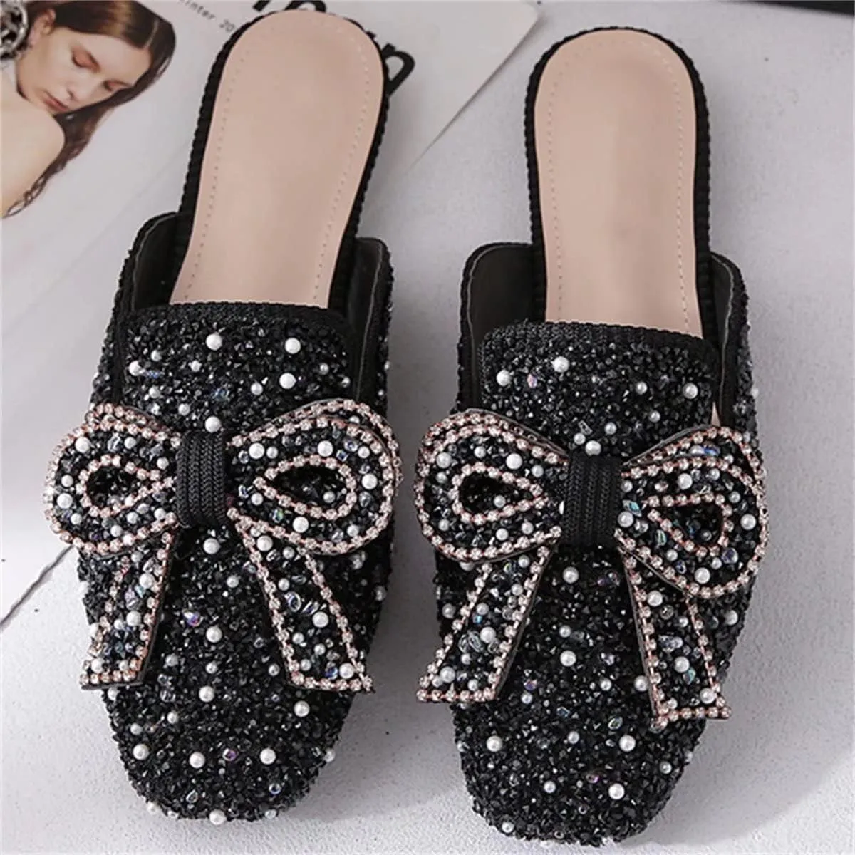 TN TANGNEST Women's Flat Mules Comfortable Rhinestone Bow Square Toe Slip on Loafers Slides Backless Mules Shoes