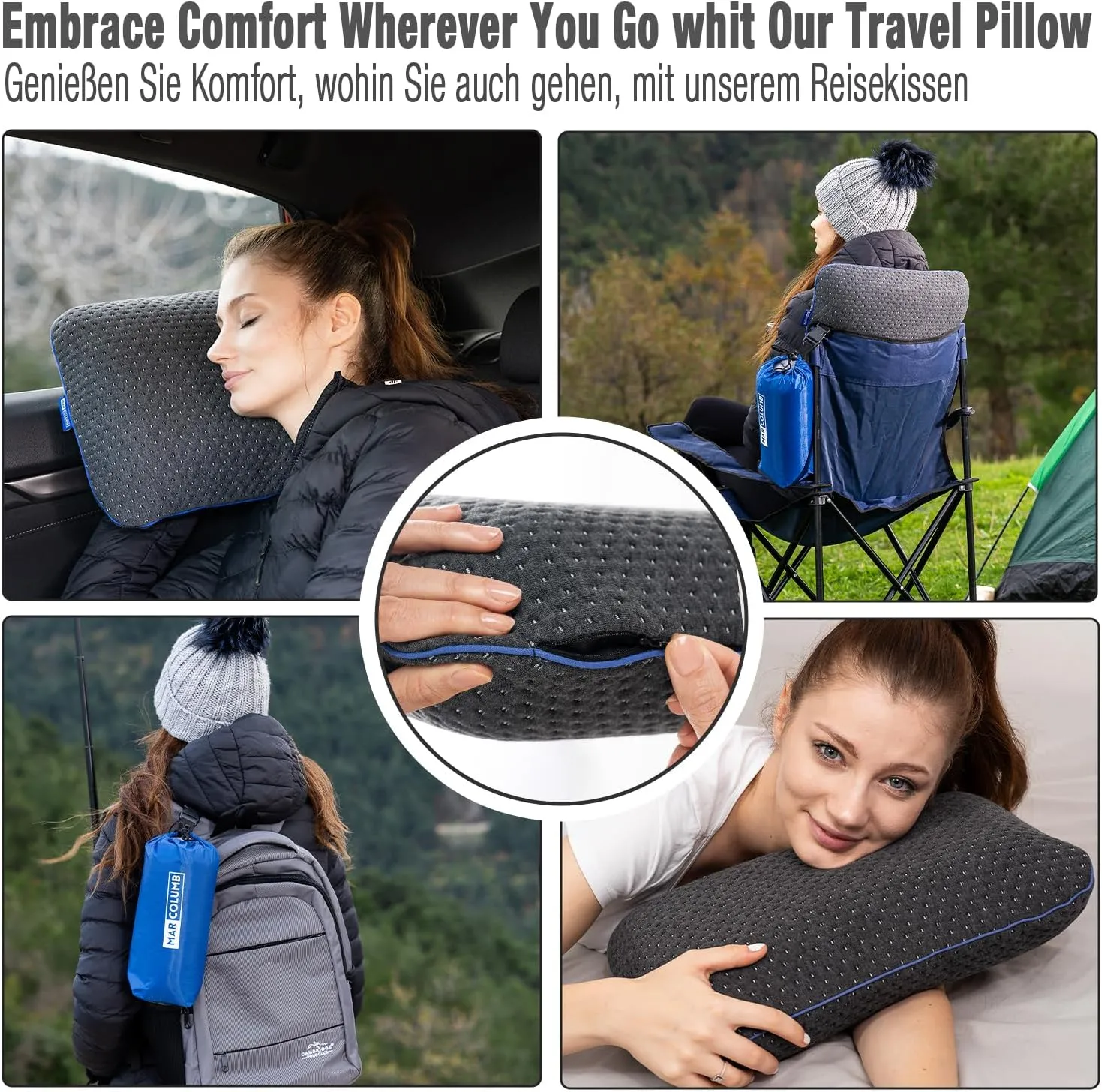 Travel & Camping Comfortable Memory Foam Pillow – Easy to Carry Portable Bag – Temperature Regulating Pillow Case - Perfect for Travelling (Grey)