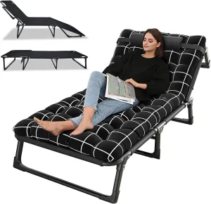 Travel-Friendly Relax Camping Cot, Adjustable 4-Position Adults Reclining Folding Chaise with Pillow, Outdoor Lounge Chair Sleeping Cot Bed, Perfect for Office, Pool, Beach 75cm
