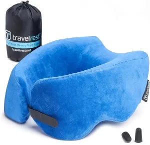 TRAVELREST Nest Memory Foam Travel Neck Pillow, Advanced Support for Long Flights, Patented Design, Optimal Relaxation, Compact, Ergonomic, and Washable, On-The-Go, Attaches to Luggage - Blue