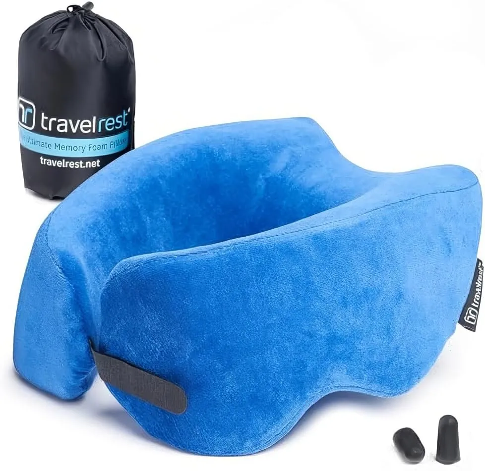 TRAVELREST Nest Memory Foam Travel Neck Pillow, Advanced Support for Long Flights, Patented Design, Optimal Relaxation, Compact, Ergonomic, and Washable, On-The-Go, Attaches to Luggage - Blue
