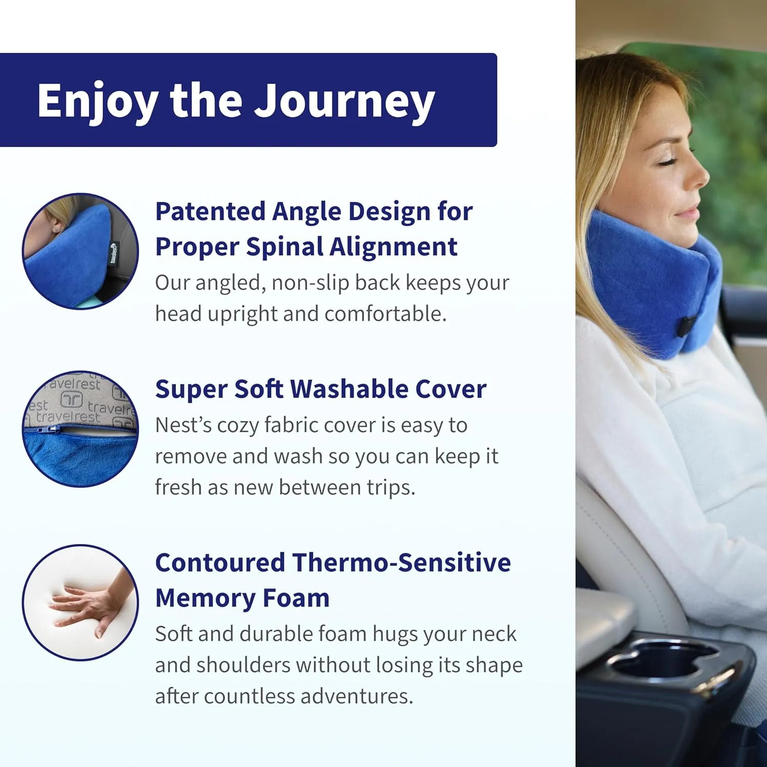 TRAVELREST Nest Memory Foam Travel Neck Pillow, Advanced Support for Long Flights, Patented Design, Optimal Relaxation, Compact, Ergonomic, and Washable, On-The-Go, Attaches to Luggage - Blue