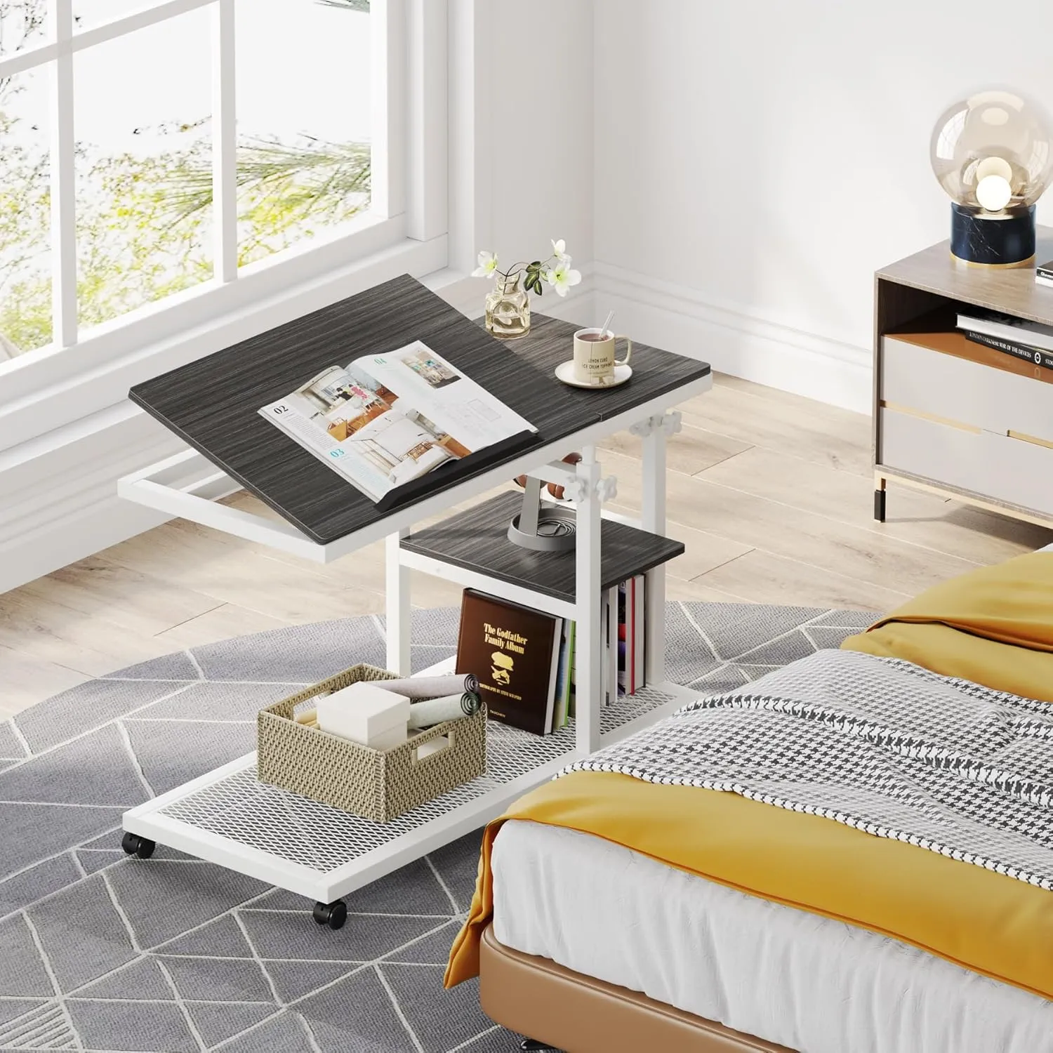 Tribesigns Height Adjustable C Table with Wheels, Mobile Couch Snack Side Table with Tiltable Drawing Board, Sofa Bedside Laptop Stand C Shaped TV Tray with Storage Shelves (Grey White)
