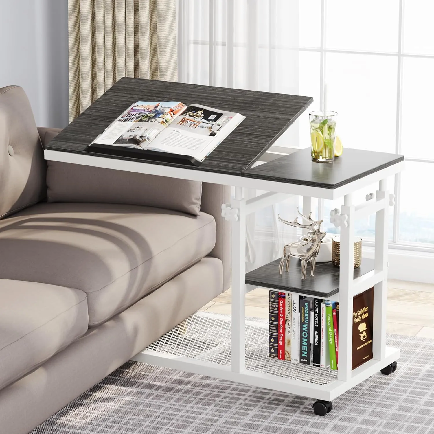 Tribesigns Height Adjustable C Table with Wheels, Mobile Couch Snack Side Table with Tiltable Drawing Board, Sofa Bedside Laptop Stand C Shaped TV Tray with Storage Shelves (Grey White)