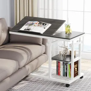 Tribesigns Height Adjustable C Table with Wheels, Mobile Couch Snack Side Table with Tiltable Drawing Board, Sofa Bedside Laptop Stand C Shaped TV Tray with Storage Shelves (Grey White)