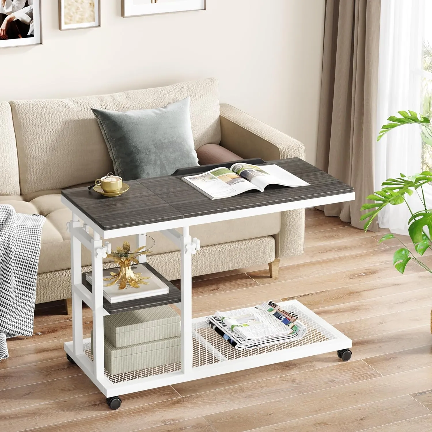 Tribesigns Height Adjustable C Table with Wheels, Mobile Couch Snack Side Table with Tiltable Drawing Board, Sofa Bedside Laptop Stand C Shaped TV Tray with Storage Shelves (Grey White)